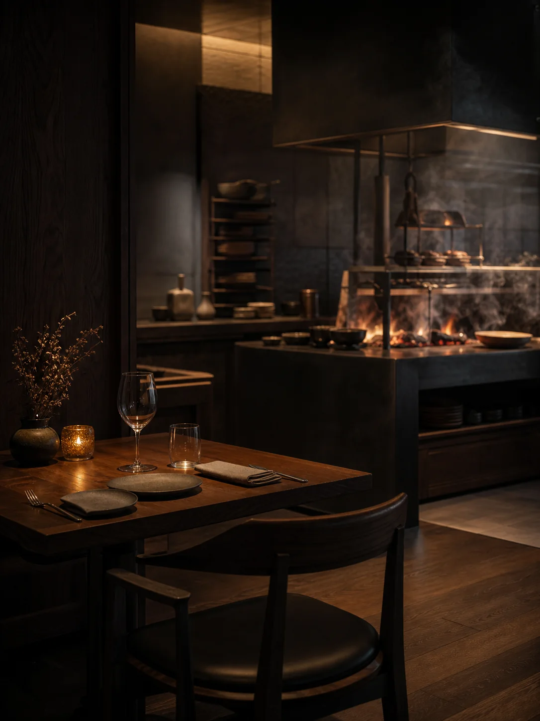 A warmly set table facing the ember-lit open kitchen.