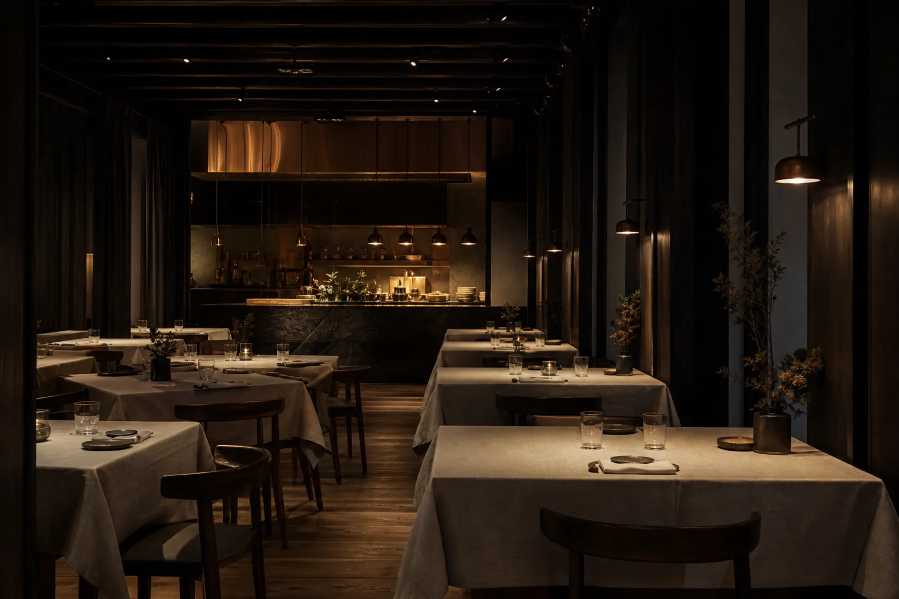 The empty EMBER & SALT dining room prepared for evening service.
