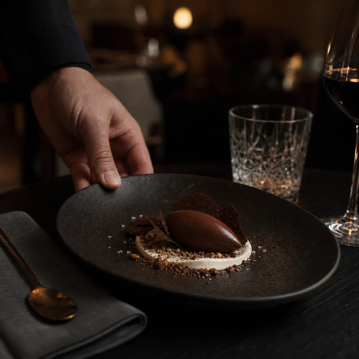 A dark chocolate final course being placed on a table in low evening light.